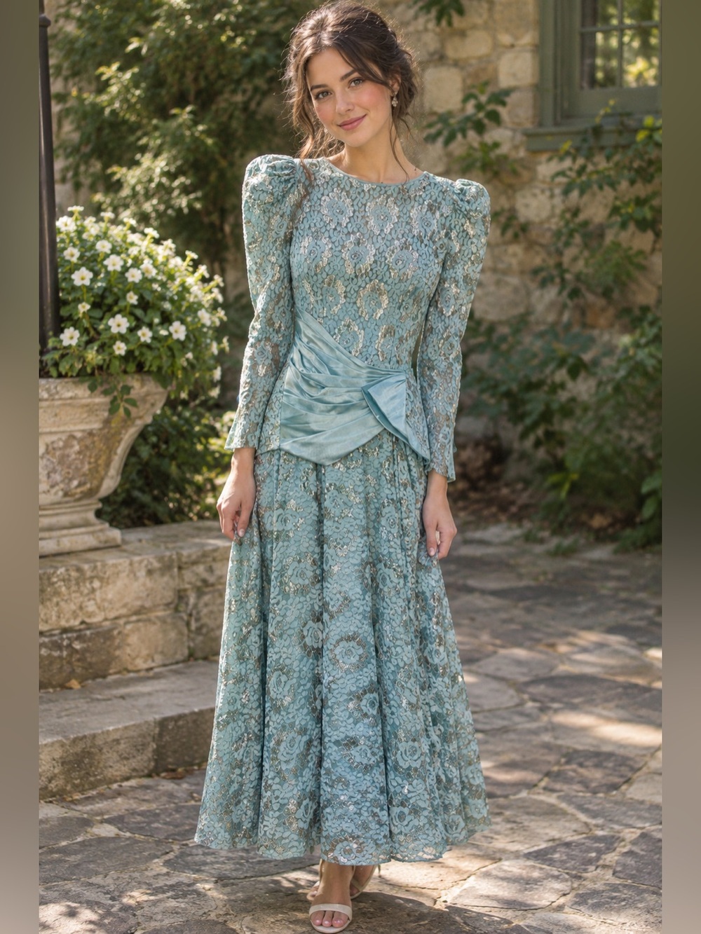 Vintage 70s Semi Formal Elegant Lace Evening Gown Cottagecore Renaissance MCM